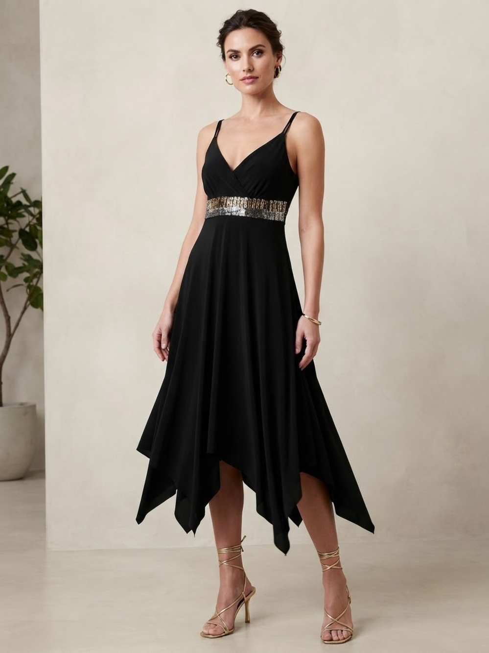 Elegant Black Asymmetric Hem Midi Dress with Sequin Waist Detail Gold and Silver